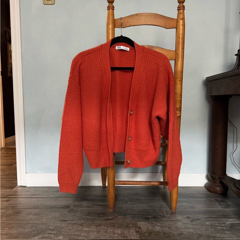 Orange Chunky Knit Cardigan Sweater